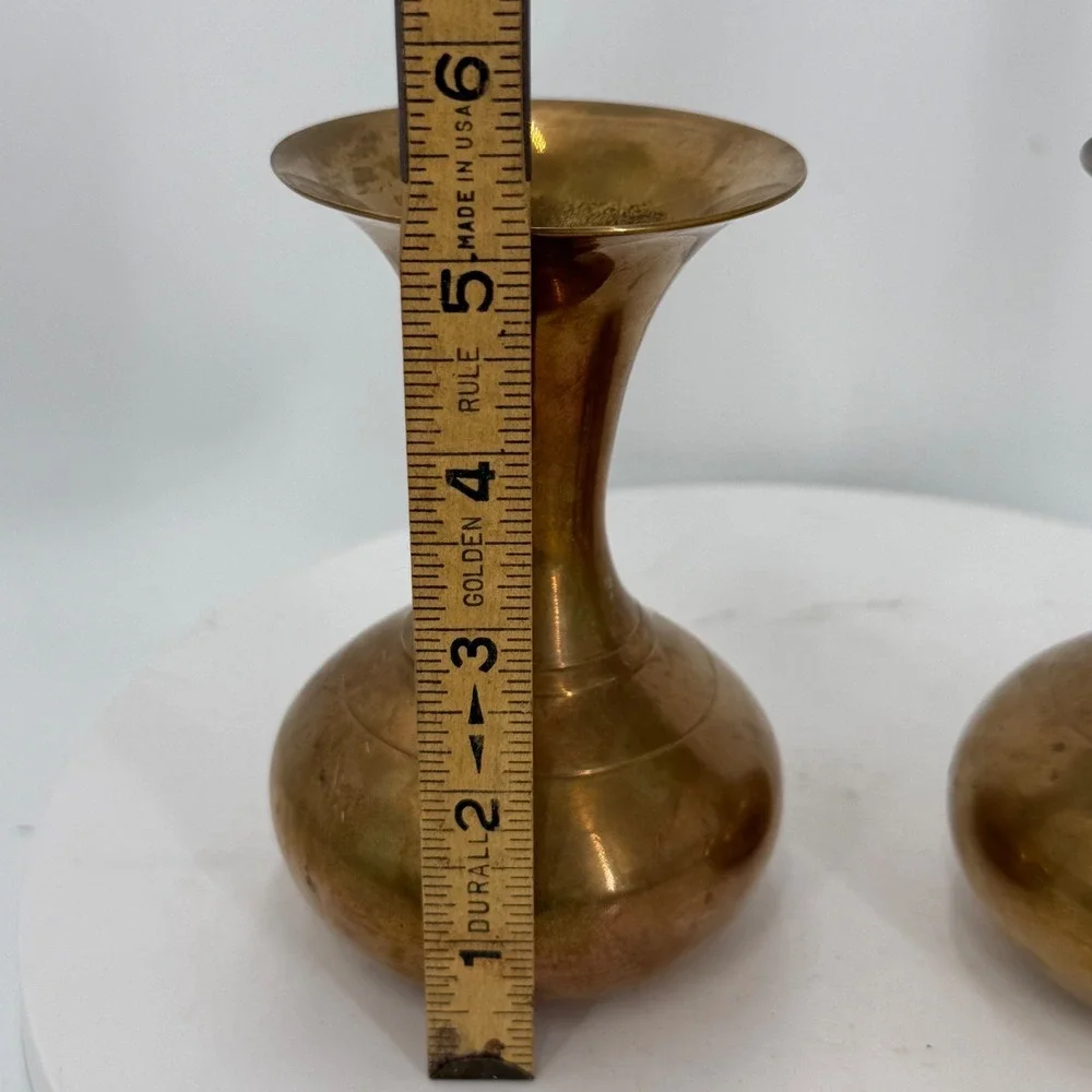 1.a.0.0.7.5 Vtg Pair Solid Brass Bud Vases 5.25